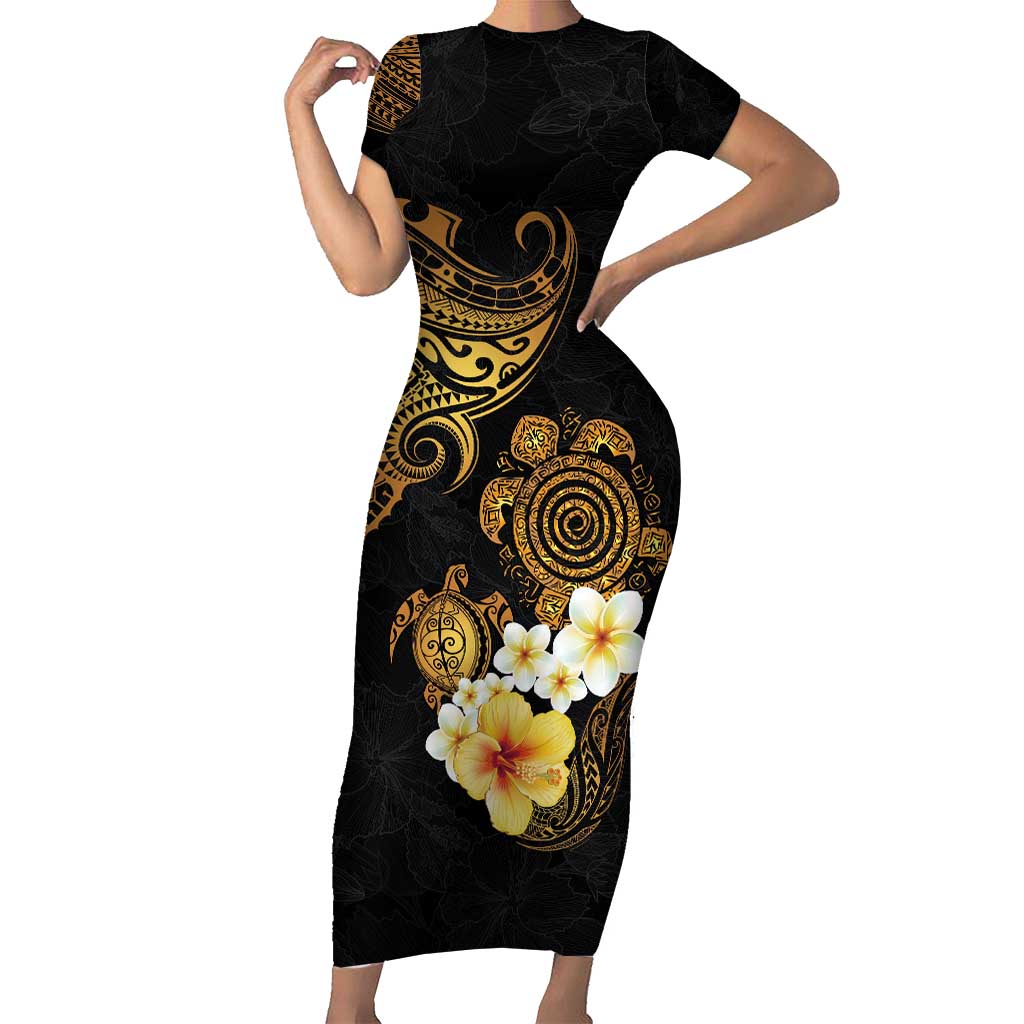 Polynesian Turtle Short Sleeve Bodycon Dress Plumeria Hibiscus Pattern Black Color