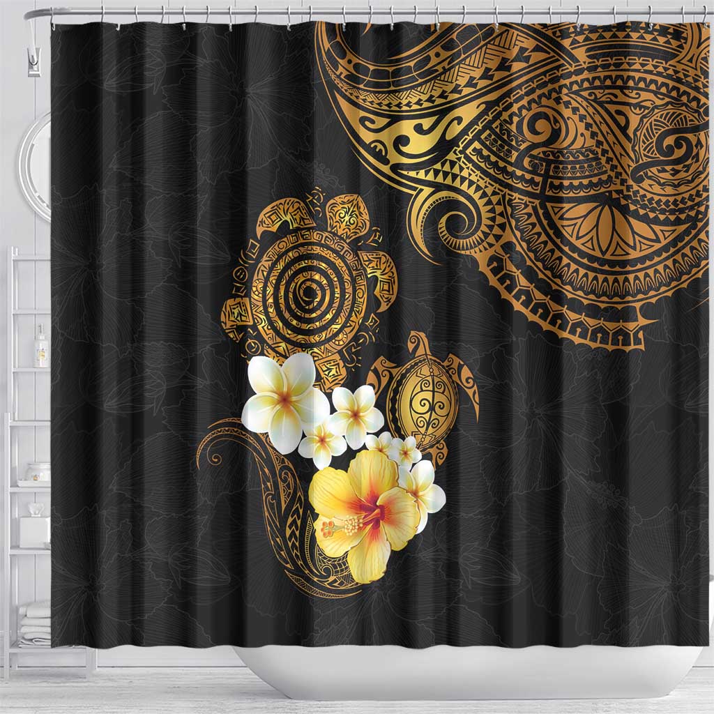 Polynesian Turtle Shower Curtain Plumeria Hibiscus Pattern Black Color