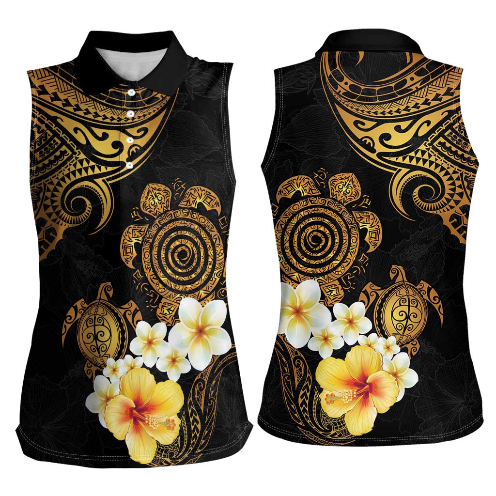 Polynesian Turtle Women Sleeveless Polo Shirt Plumeria Hibiscus Pattern Black Color LT03 - Polynesian Pride