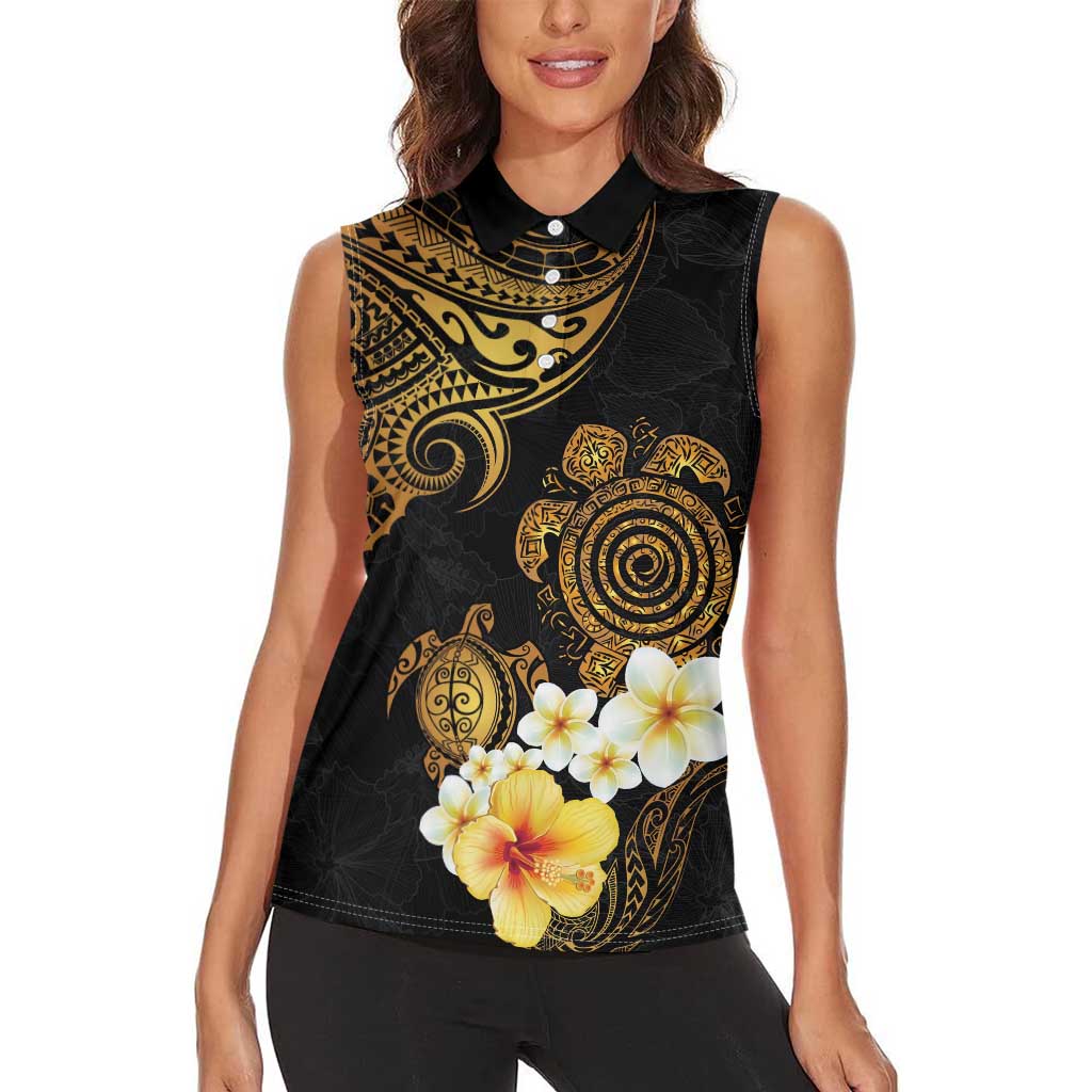 Polynesian Turtle Women Sleeveless Polo Shirt Plumeria Hibiscus Pattern Black Color LT03 - Polynesian Pride