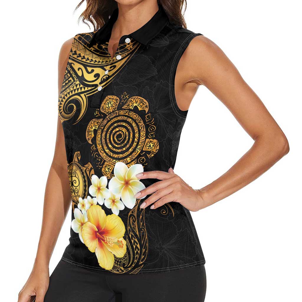 Polynesian Turtle Women Sleeveless Polo Shirt Plumeria Hibiscus Pattern Black Color LT03 - Polynesian Pride