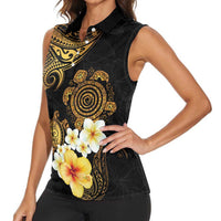 Polynesian Turtle Women Sleeveless Polo Shirt Plumeria Hibiscus Pattern Black Color LT03 - Polynesian Pride
