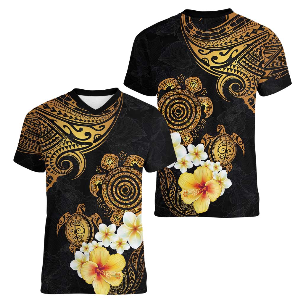 Polynesian Turtle Women V-Neck T-Shirt Plumeria Hibiscus Pattern Black Color