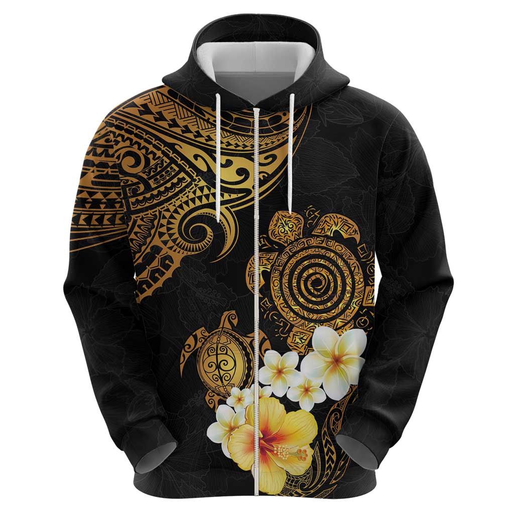 Polynesian Turtle Zip Hoodie Plumeria Hibiscus Pattern Black Color LT03 - Polynesian Pride