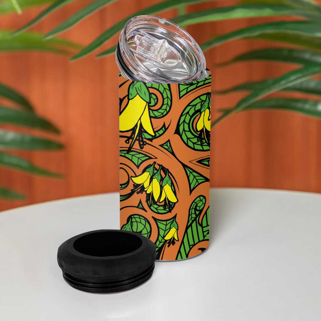 New Zealand Kowhai Flowers 4 in 1 Can Cooler Tumbler Maori Koru Pattern