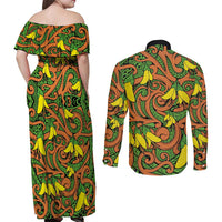 New Zealand Kowhai Flowers Couples Matching Off Shoulder Maxi Dress and Long Sleeve Button Shirt Maori Koru Pattern