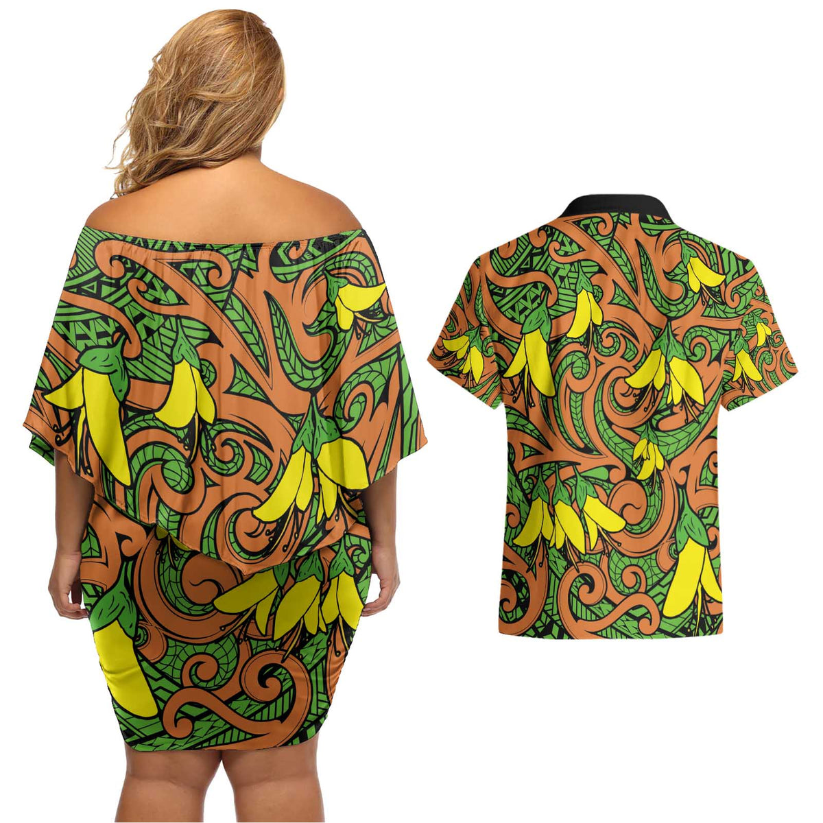New Zealand Kowhai Flowers Couples Matching Off Shoulder Short Dress and Hawaiian Shirt Maori Koru Pattern