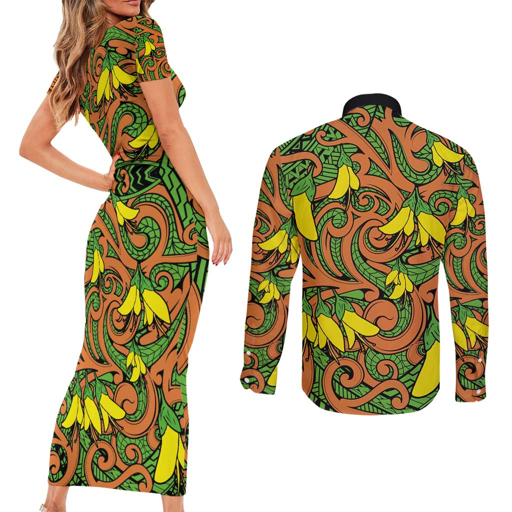 New Zealand Kowhai Flowers Couples Matching Short Sleeve Bodycon Dress and Long Sleeve Button Shirt Maori Koru Pattern
