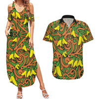 New Zealand Kowhai Flowers Couples Matching Summer Maxi Dress and Hawaiian Shirt Maori Koru Pattern