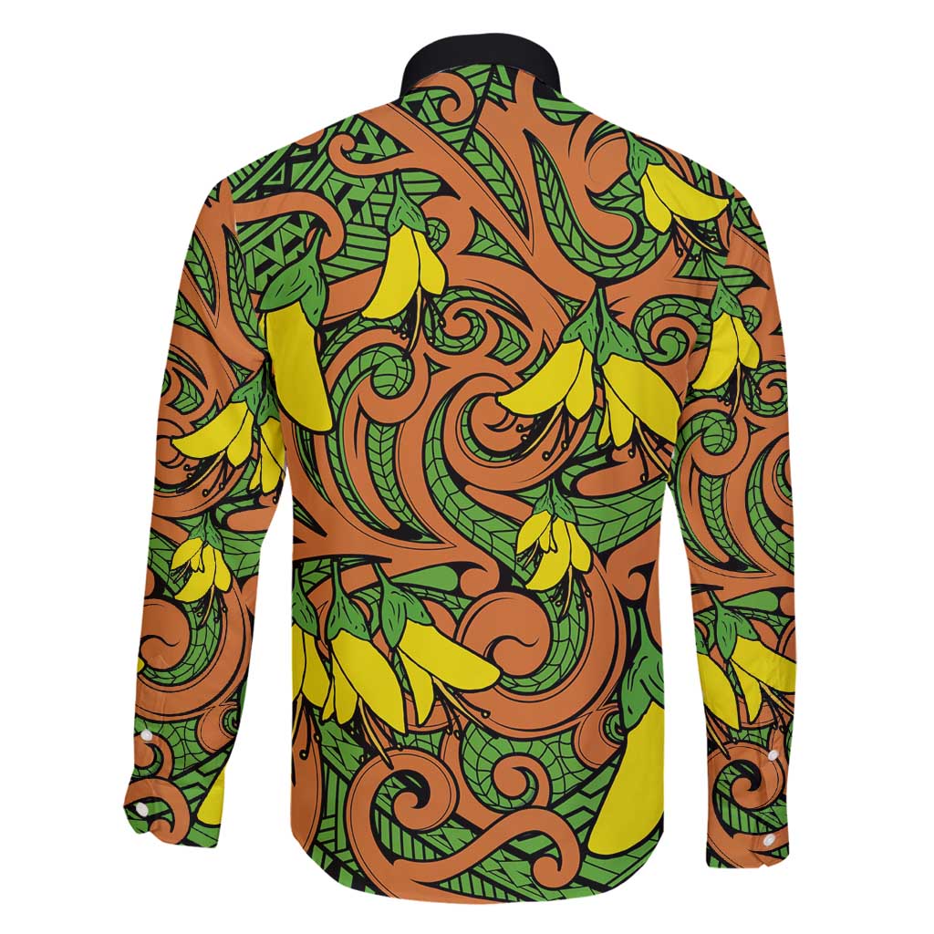 New Zealand Kowhai Flowers Family Matching Long Sleeve Bodycon Dress and Hawaiian Shirt Maori Koru Pattern LT03 - Polynesian Pride