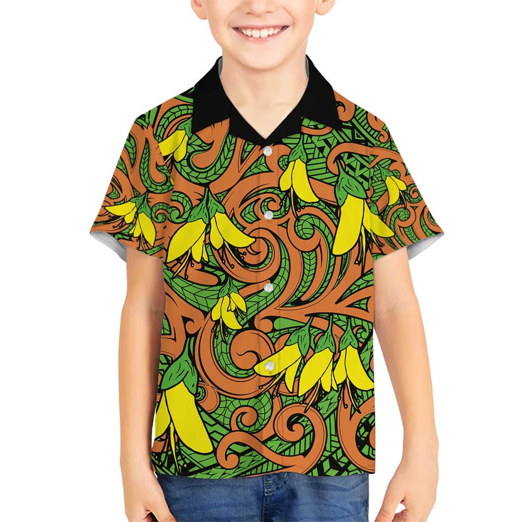 New Zealand Kowhai Flowers Family Matching Long Sleeve Bodycon Dress and Hawaiian Shirt Maori Koru Pattern LT03 Son's Shirt Orange - Polynesian Pride