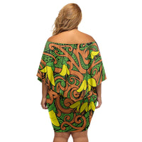 New Zealand Kowhai Flowers Family Matching Off Shoulder Short Dress and Hawaiian Shirt Maori Koru Pattern
