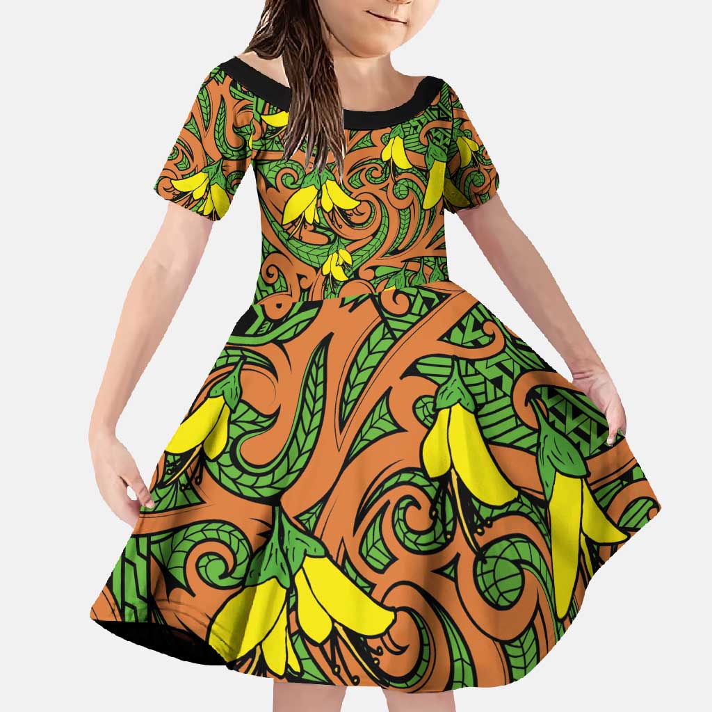 New Zealand Kowhai Flowers Family Matching Short Sleeve Bodycon Dress and Hawaiian Shirt Maori Koru Pattern LT03 Daughter's Dress Orange - Polynesian Pride