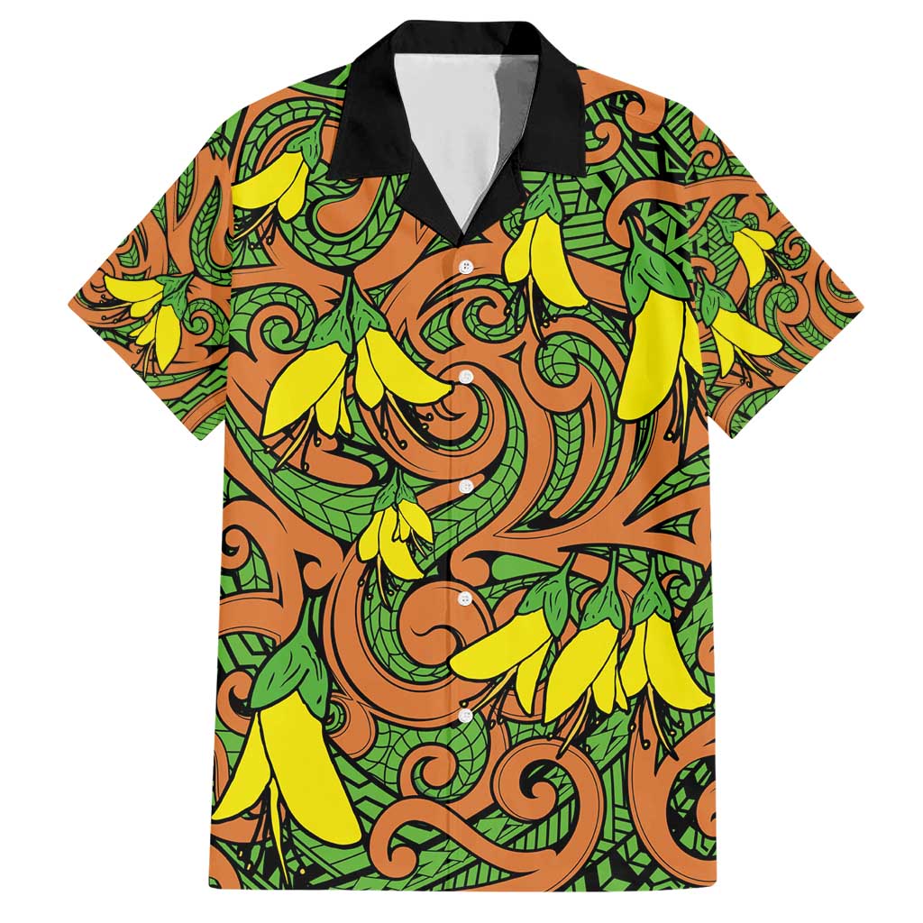 New Zealand Kowhai Flowers Family Matching Short Sleeve Bodycon Dress and Hawaiian Shirt Maori Koru Pattern LT03 Dad's Shirt - Short Sleeve Orange - Polynesian Pride
