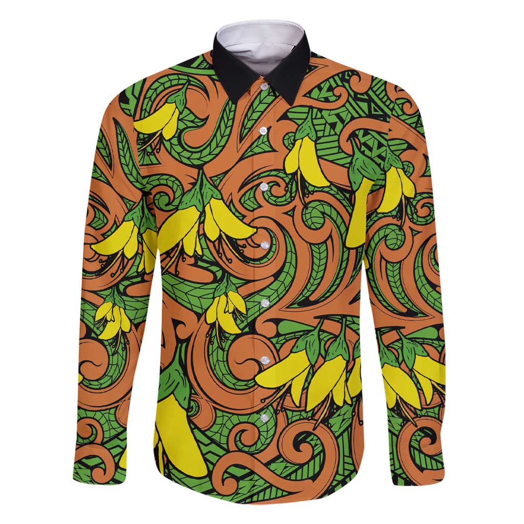 New Zealand Kowhai Flowers Family Matching Short Sleeve Bodycon Dress and Hawaiian Shirt Maori Koru Pattern LT03 Dad's Shirt - Long Sleeve Orange - Polynesian Pride