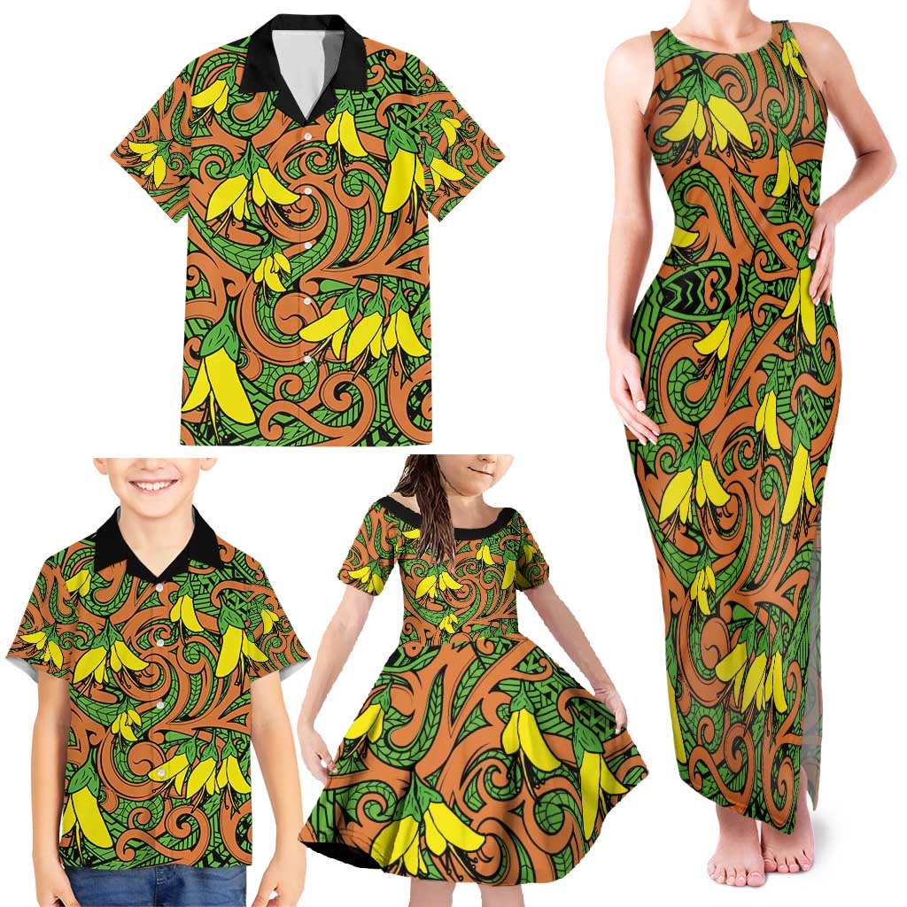 New Zealand Kowhai Flowers Family Matching Tank Maxi Dress and Hawaiian Shirt Maori Koru Pattern