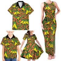 New Zealand Kowhai Flowers Family Matching Tank Maxi Dress and Hawaiian Shirt Maori Koru Pattern