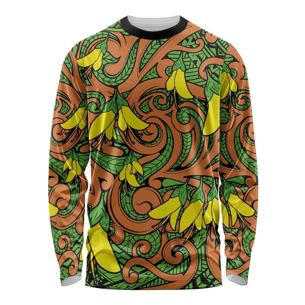 New Zealand Kowhai Flowers Long Sleeve Shirt Maori Koru Pattern LT03 Unisex Orange - Polynesian Pride