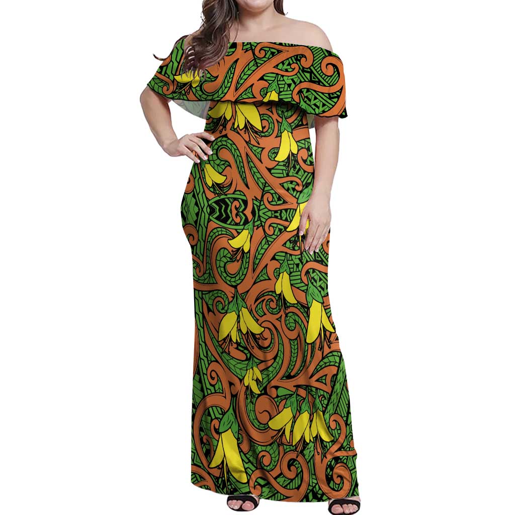 New Zealand Kowhai Flowers Off Shoulder Maxi Dress Maori Koru Pattern LT03 Women Orange - Polynesian Pride