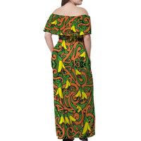 New Zealand Kowhai Flowers Off Shoulder Maxi Dress Maori Koru Pattern LT03 - Polynesian Pride