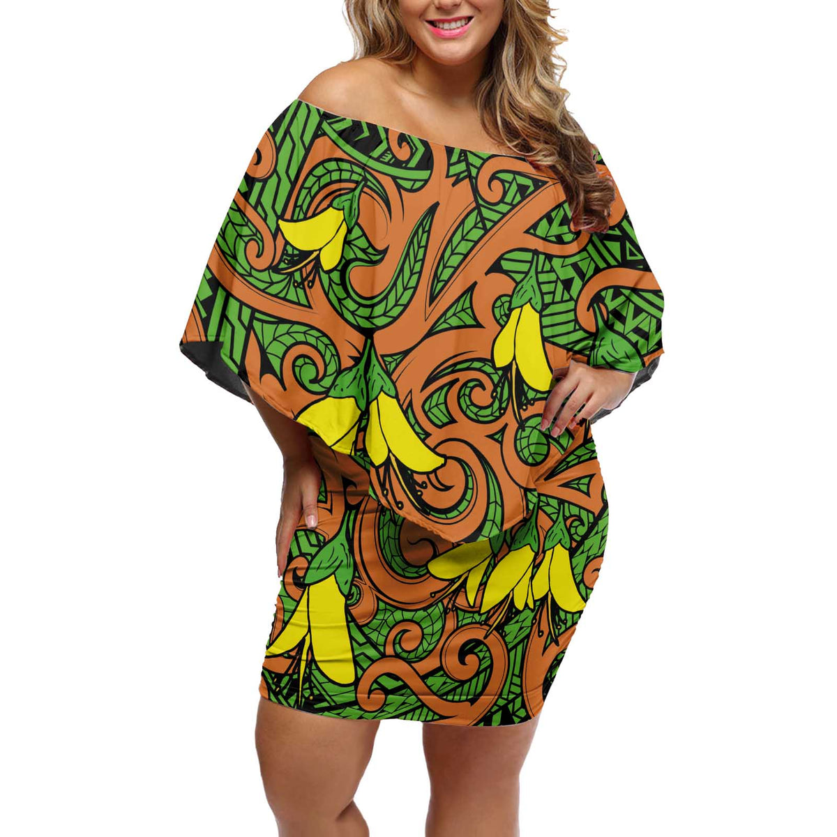 New Zealand Kowhai Flowers Off Shoulder Short Dress Maori Koru Pattern LT03 Women Orange - Polynesian Pride