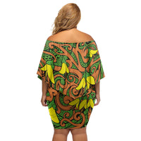 New Zealand Kowhai Flowers Off Shoulder Short Dress Maori Koru Pattern LT03 - Polynesian Pride