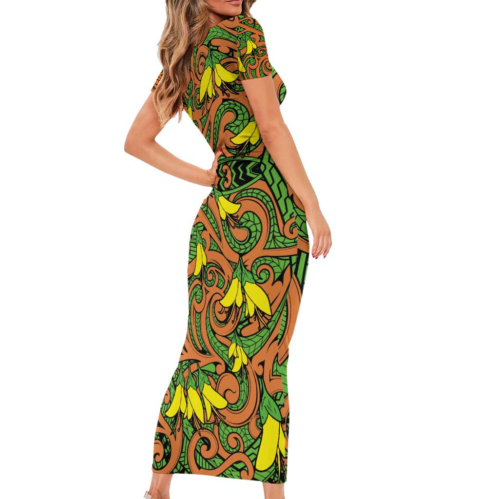 New Zealand Kowhai Flowers Short Sleeve Bodycon Dress Maori Koru Pattern