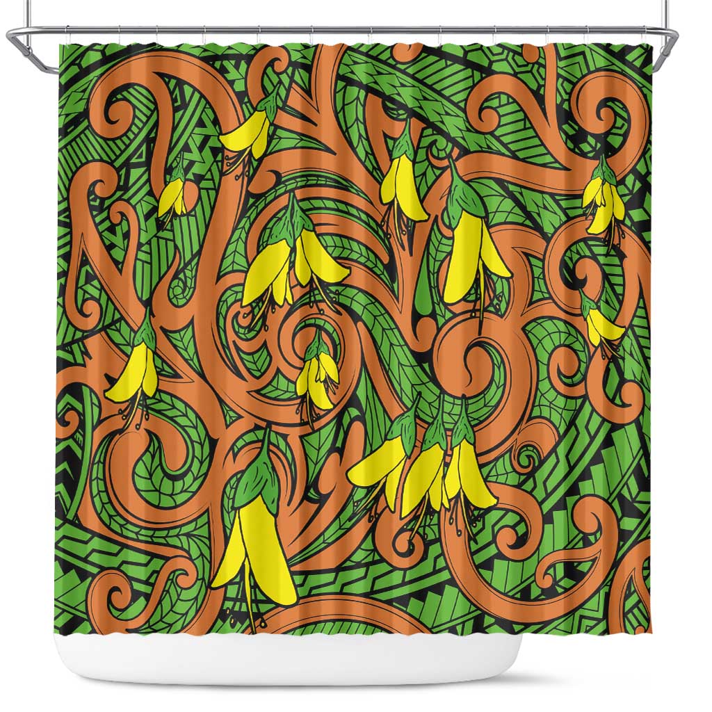 New Zealand Kowhai Flowers Shower Curtain Maori Koru Pattern LT03 Orange - Polynesian Pride
