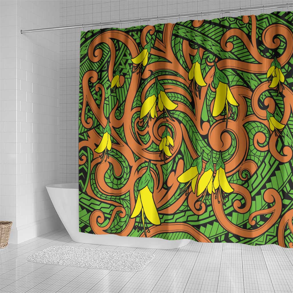 New Zealand Kowhai Flowers Shower Curtain Maori Koru Pattern