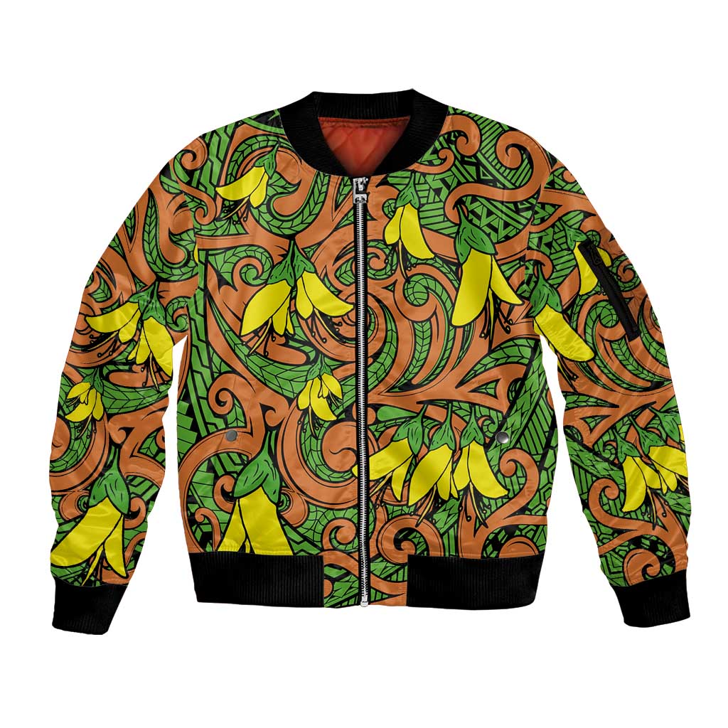 New Zealand Kowhai Flowers Sleeve Zip Bomber Jacket Maori Koru Pattern LT03 Unisex Orange - Polynesian Pride
