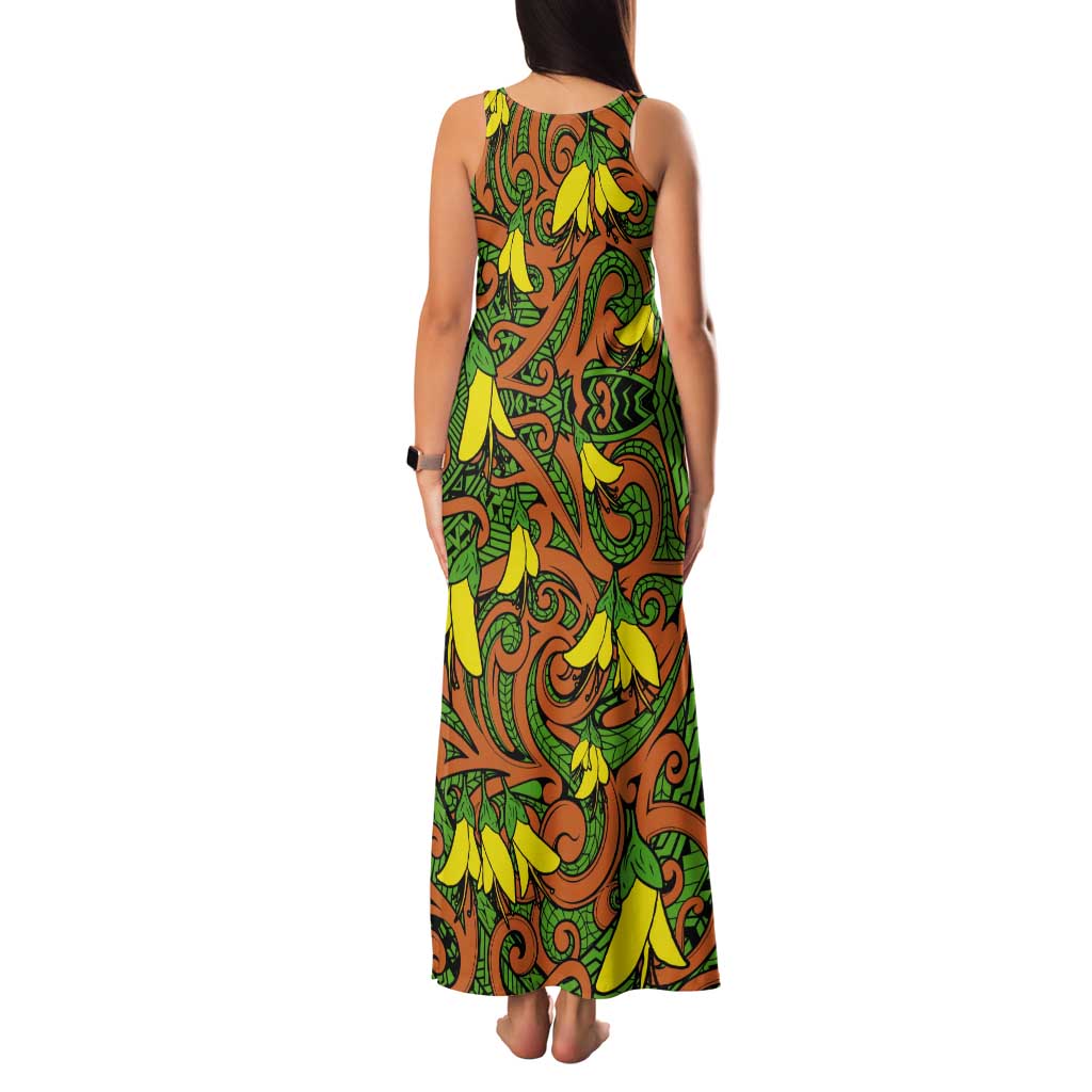New Zealand Kowhai Flowers Tank Maxi Dress Maori Koru Pattern