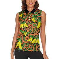 New Zealand Kowhai Flowers Women Sleeveless Polo Shirt Maori Koru Pattern