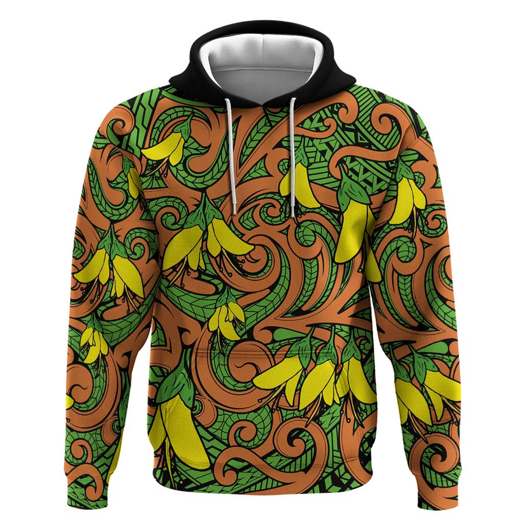 New Zealand Kowhai Flowers Zip Hoodie Maori Koru Pattern