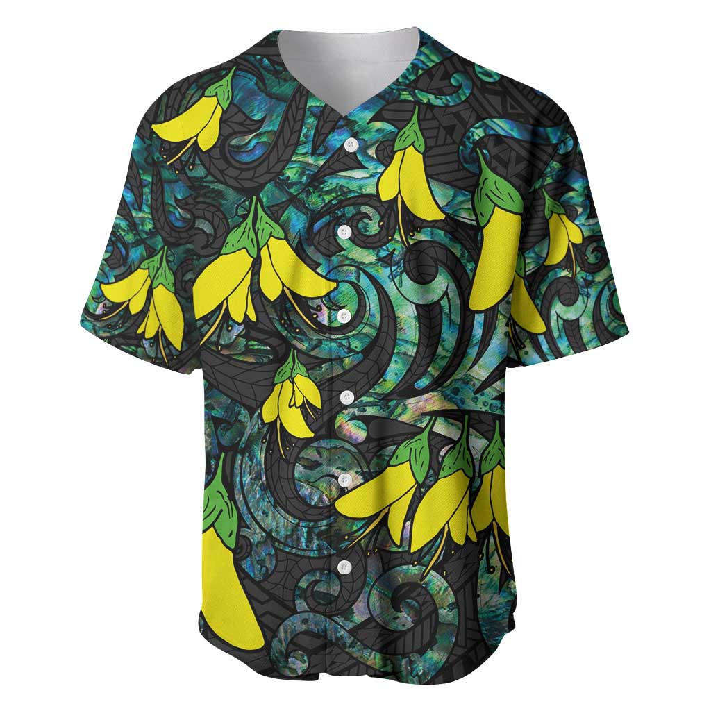 New Zealand Kowhai Flowers Baseball Jersey Maori Koru Pattern With Paua Shell Style LT03 Black - Polynesian Pride