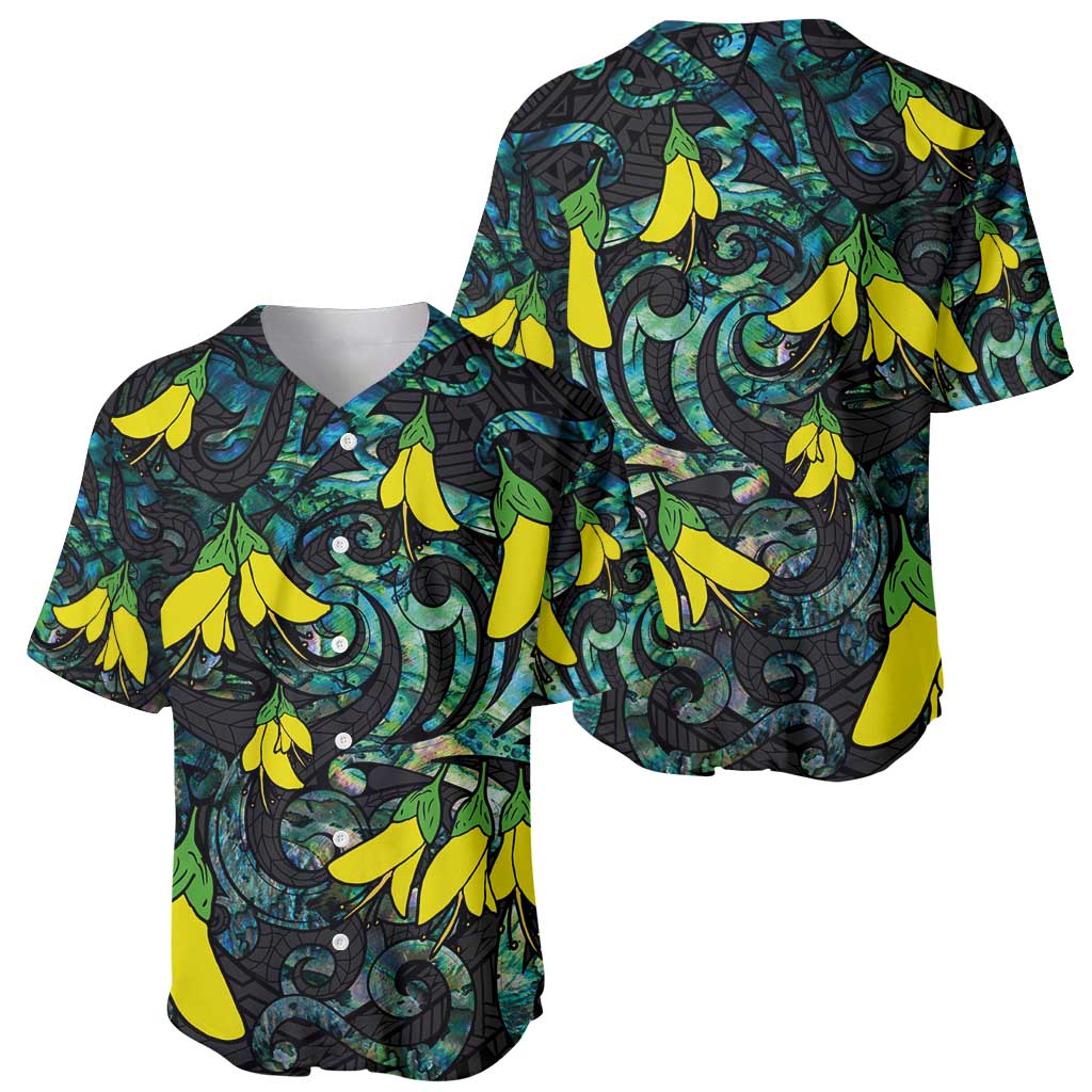 New Zealand Kowhai Flowers Baseball Jersey Maori Koru Pattern With Paua Shell Style LT03 - Polynesian Pride