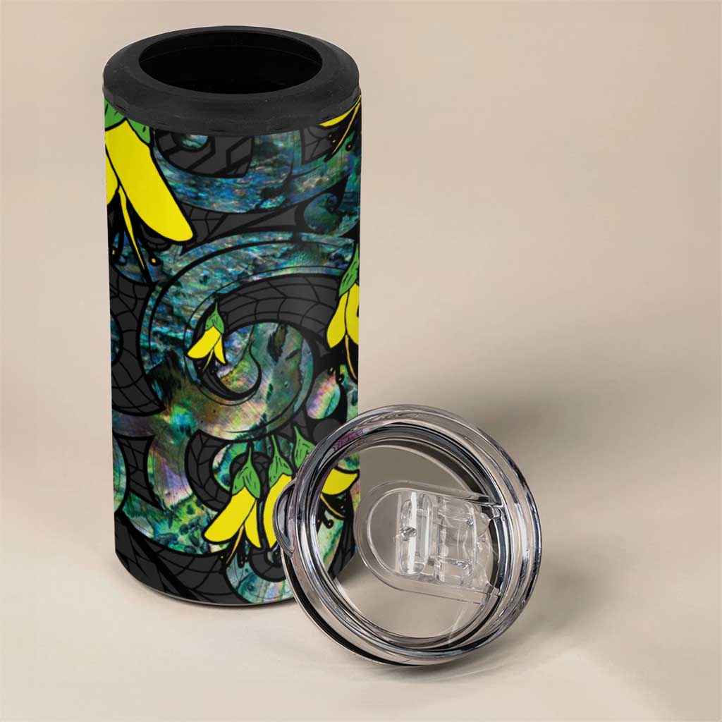 New Zealand Kowhai Flowers 4 in 1 Can Cooler Tumbler Maori Koru Pattern With Paua Shell Style