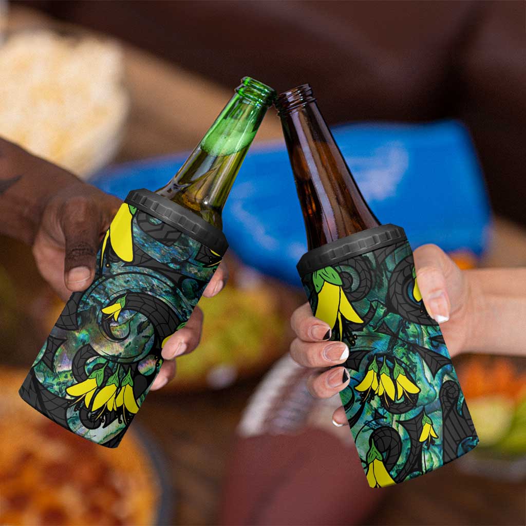 New Zealand Kowhai Flowers 4 in 1 Can Cooler Tumbler Maori Koru Pattern With Paua Shell Style