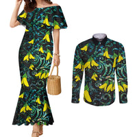 New Zealand Kowhai Flowers Couples Matching Mermaid Dress and Long Sleeve Button Shirt Maori Koru Pattern With Paua Shell Style