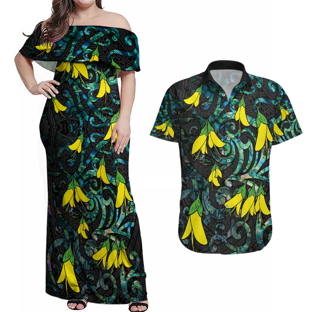 New Zealand Kowhai Flowers Couples Matching Off Shoulder Maxi Dress and Hawaiian Shirt Maori Koru Pattern With Paua Shell Style LT03 Black - Polynesian Pride