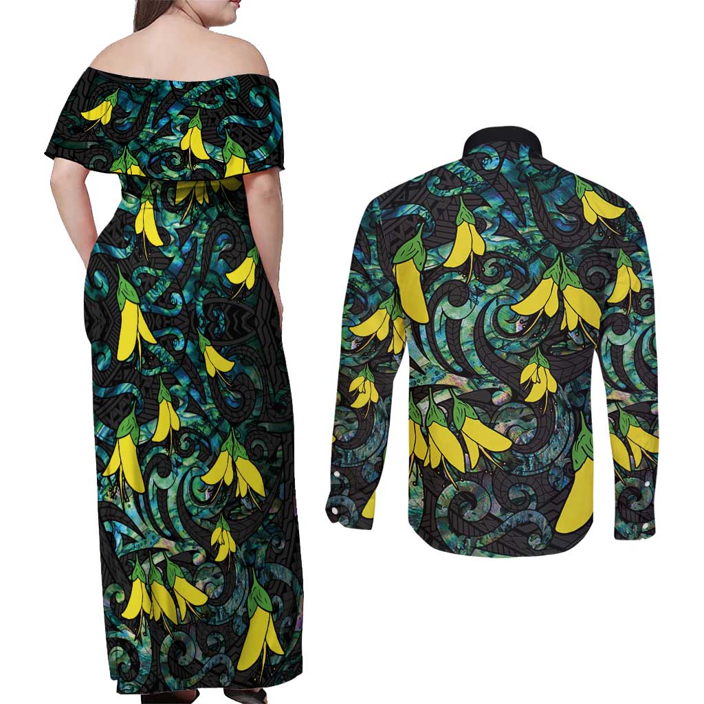 New Zealand Kowhai Flowers Couples Matching Off Shoulder Maxi Dress and Long Sleeve Button Shirt Maori Koru Pattern With Paua Shell Style