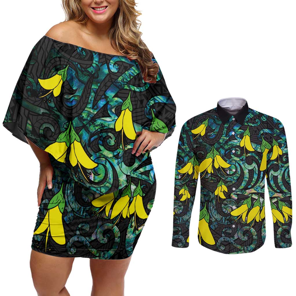 New Zealand Kowhai Flowers Couples Matching Off Shoulder Short Dress and Long Sleeve Button Shirt Maori Koru Pattern With Paua Shell Style
