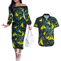 New Zealand Kowhai Flowers Couples Matching Off The Shoulder Long Sleeve Dress and Hawaiian Shirt Maori Koru Pattern With Paua Shell Style