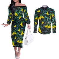 New Zealand Kowhai Flowers Couples Matching Off The Shoulder Long Sleeve Dress and Long Sleeve Button Shirt Maori Koru Pattern With Paua Shell Style