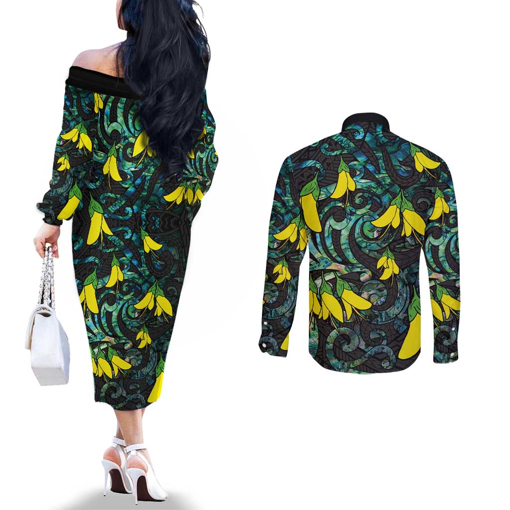 New Zealand Kowhai Flowers Couples Matching Off The Shoulder Long Sleeve Dress and Long Sleeve Button Shirt Maori Koru Pattern With Paua Shell Style