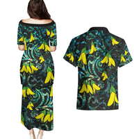 New Zealand Kowhai Flowers Couples Matching Puletasi and Hawaiian Shirt Maori Koru Pattern With Paua Shell Style