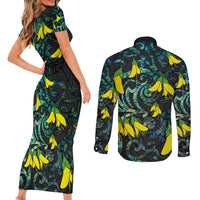 New Zealand Kowhai Flowers Couples Matching Short Sleeve Bodycon Dress and Long Sleeve Button Shirt Maori Koru Pattern With Paua Shell Style