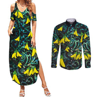 New Zealand Kowhai Flowers Couples Matching Summer Maxi Dress and Long Sleeve Button Shirt Maori Koru Pattern With Paua Shell Style