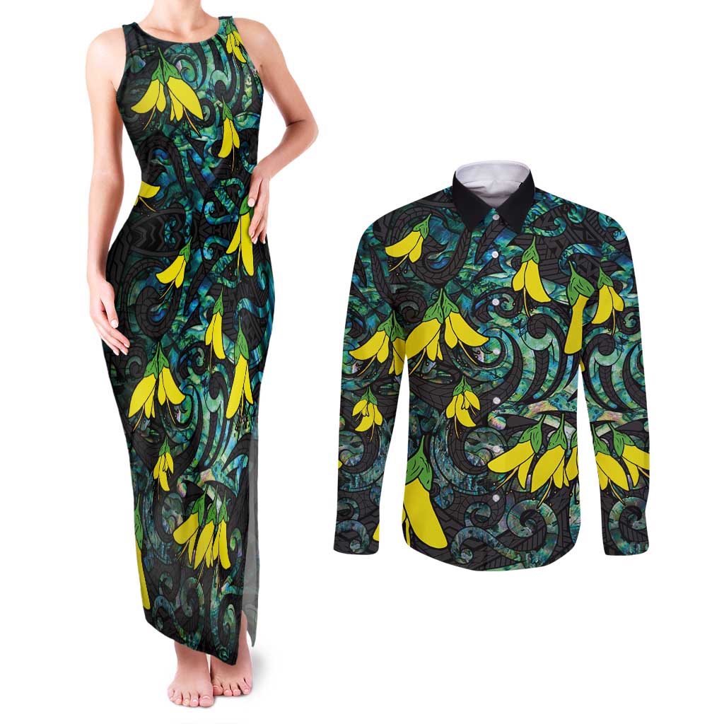 New Zealand Kowhai Flowers Couples Matching Tank Maxi Dress and Long Sleeve Button Shirt Maori Koru Pattern With Paua Shell Style