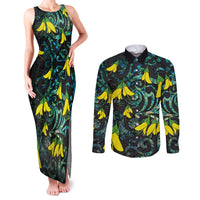 New Zealand Kowhai Flowers Couples Matching Tank Maxi Dress and Long Sleeve Button Shirt Maori Koru Pattern With Paua Shell Style