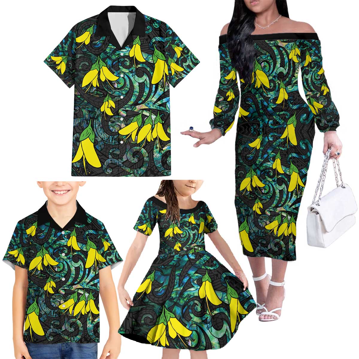 New Zealand Kowhai Flowers Family Matching Off The Shoulder Long Sleeve Dress and Hawaiian Shirt Maori Koru Pattern With Paua Shell Style LT03 - Polynesian Pride